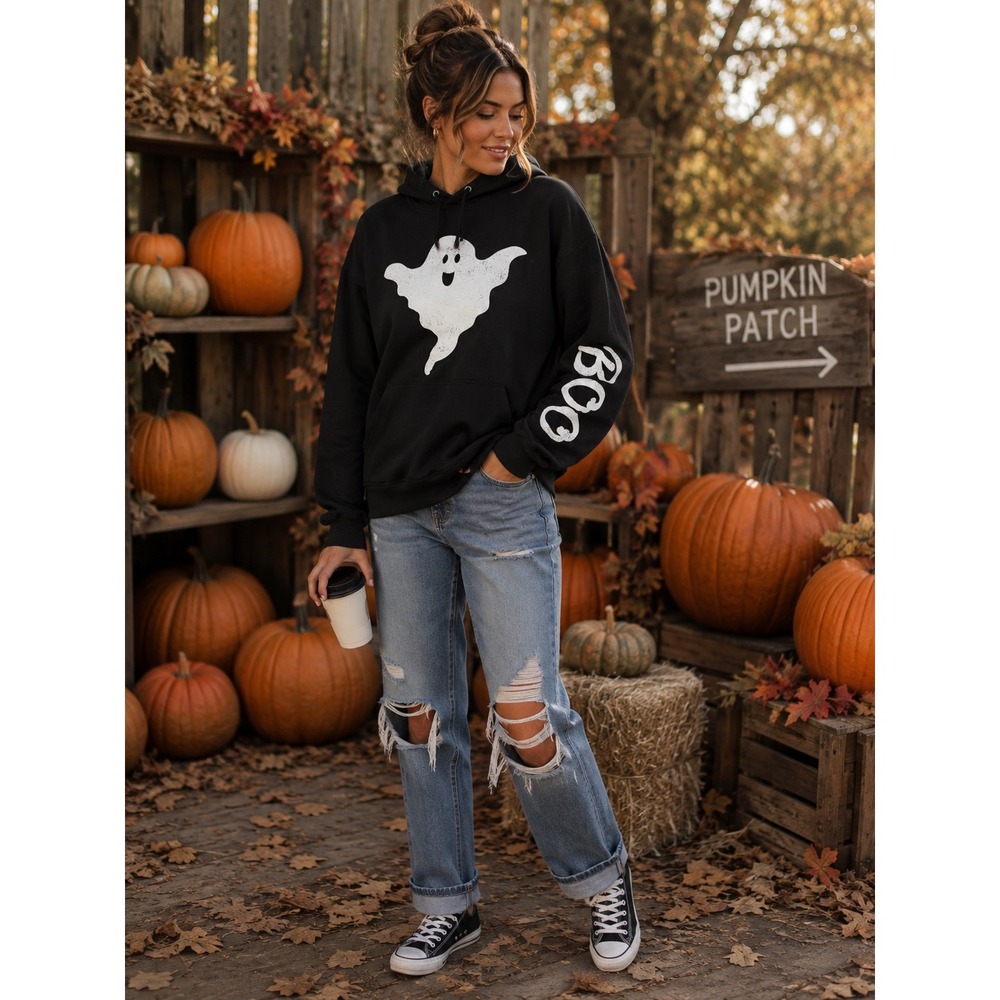 Modern Lux Womens Ghost Boo Halloween Hoodie Black Sweatshirt XL Novelty Casual